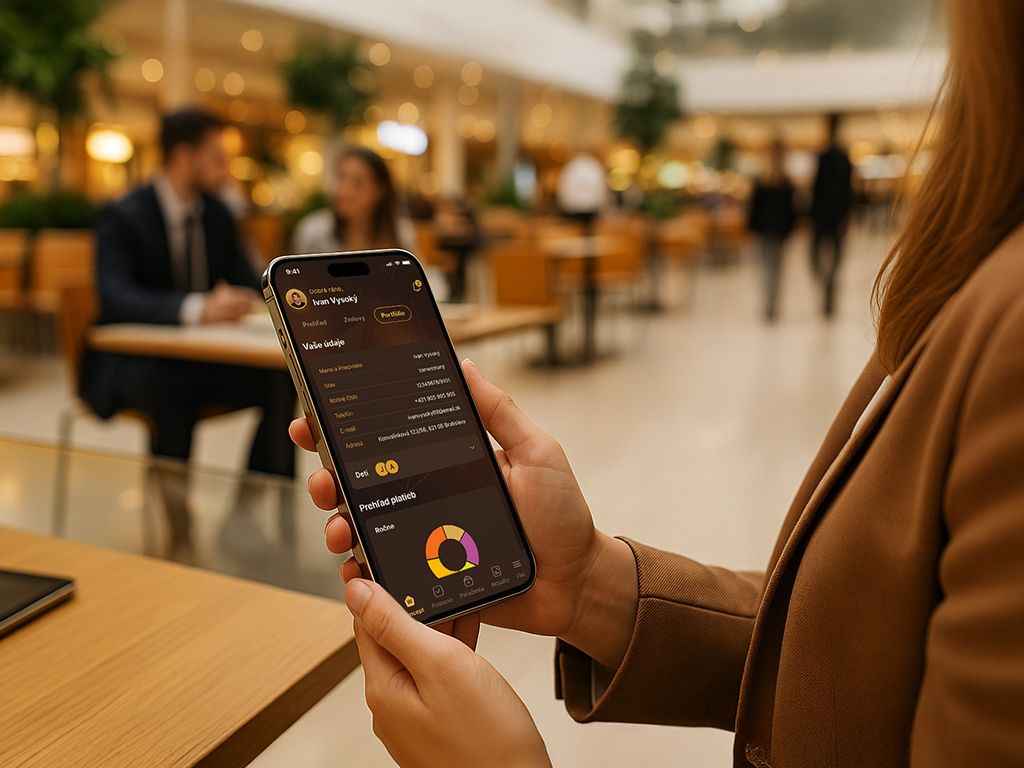 Woman in a business center using the iWinners app on her phone