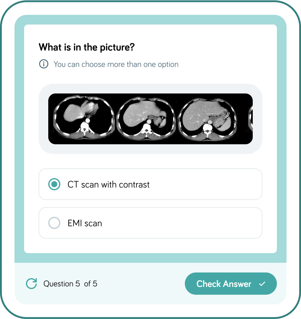 LMS quiz interface with CT scan images and multiple choice answers
