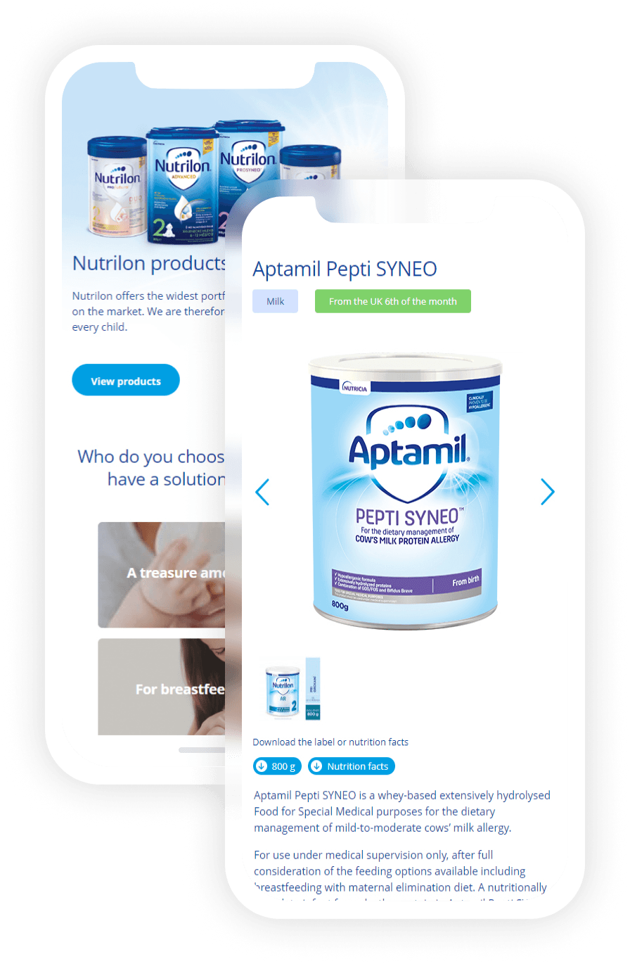 Nutriklub product listing and product detail pages on mobile