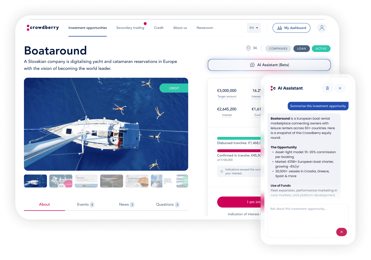 Crowdberry investment platform on desktop and mobile showing the Boataround equity opportunity with the AI Assistant panel