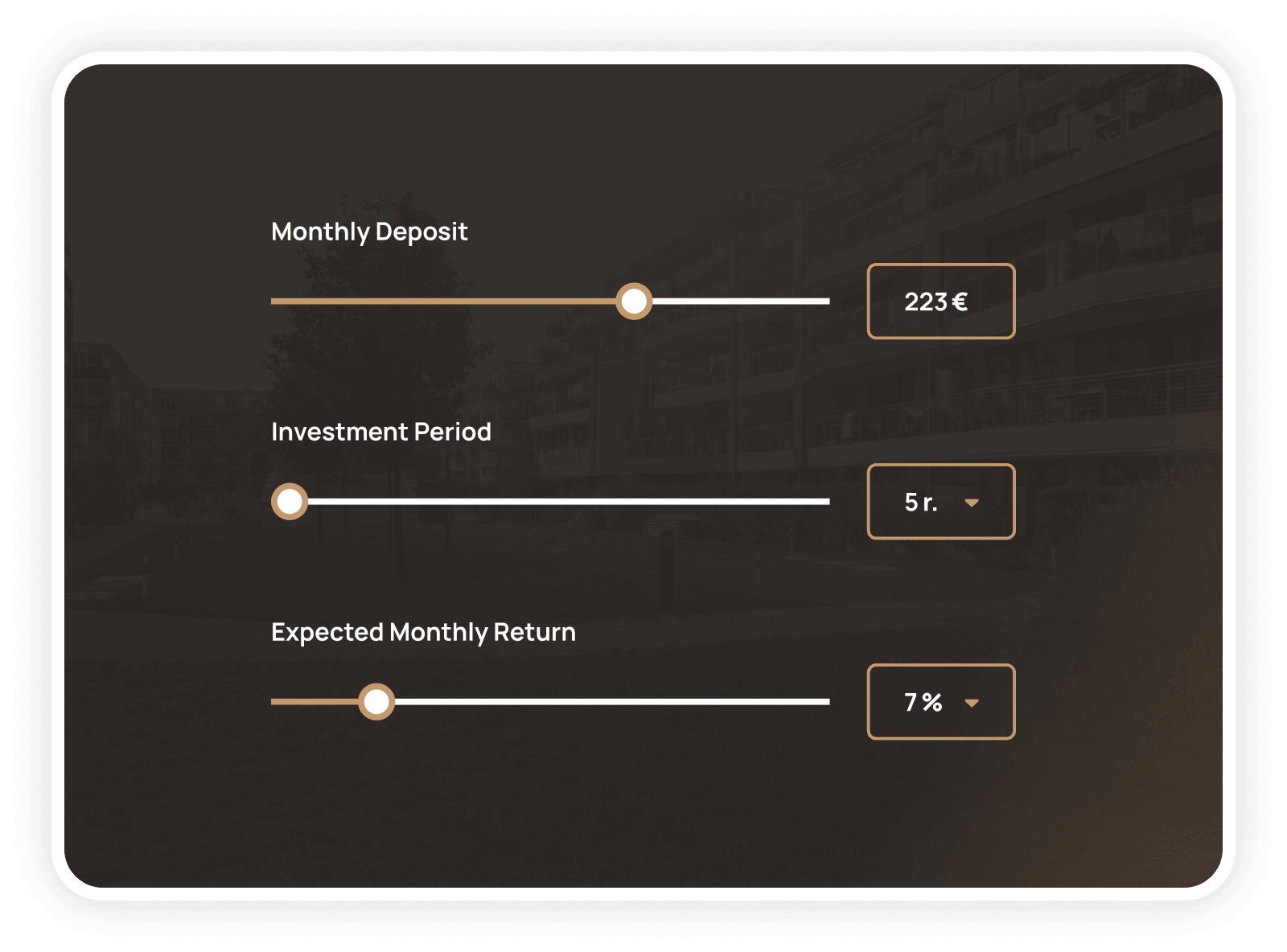 Winners Investments investment calculator with sliders for monthly deposit, investment period and expected return
