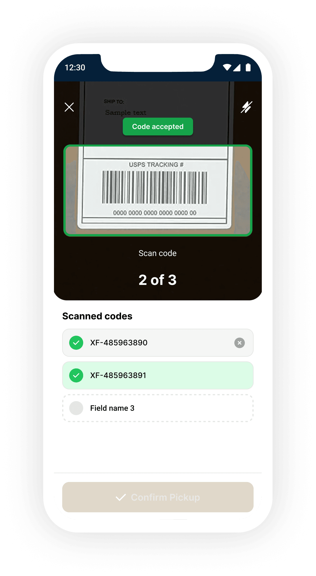 BOX ID mobile app confirming a successfully scanned tracking code in a multi-step pickup flow