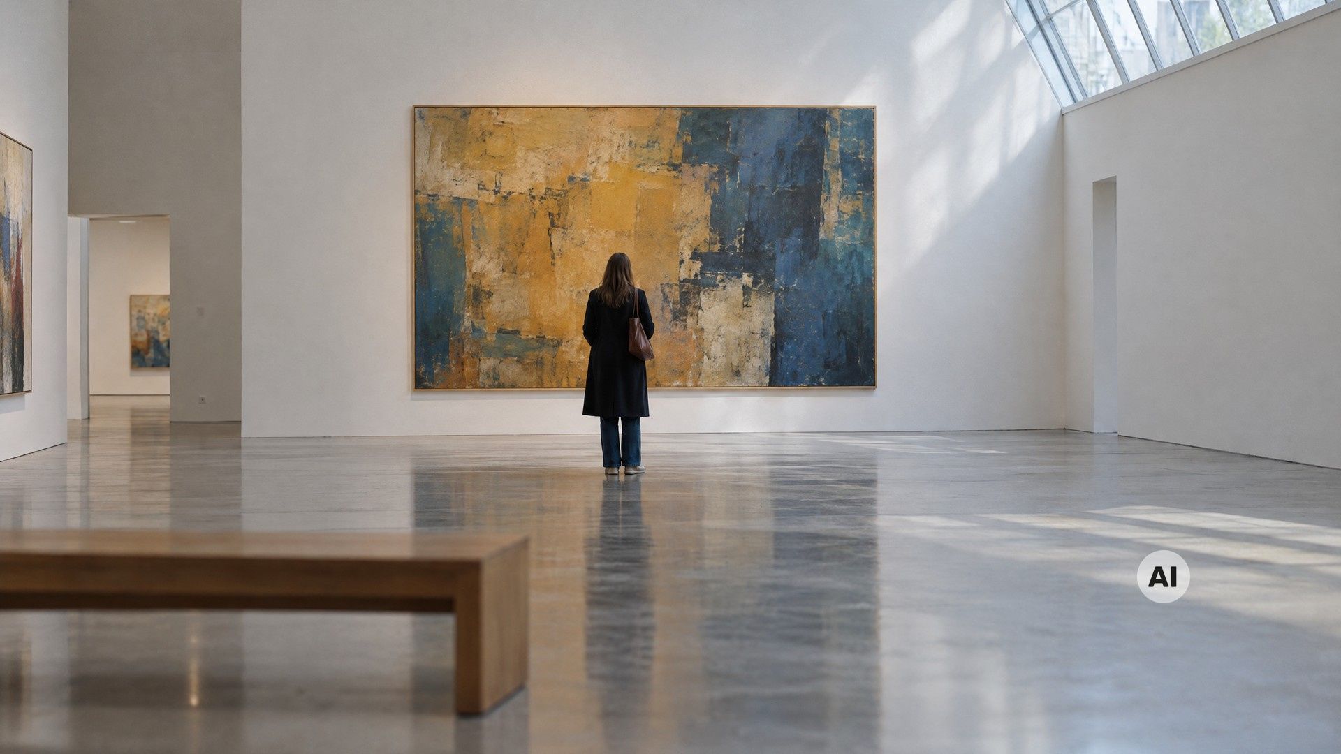 A visitor seen from behind looking at a large abstract painting in a sunlit gallery hall. Image generated with AI.