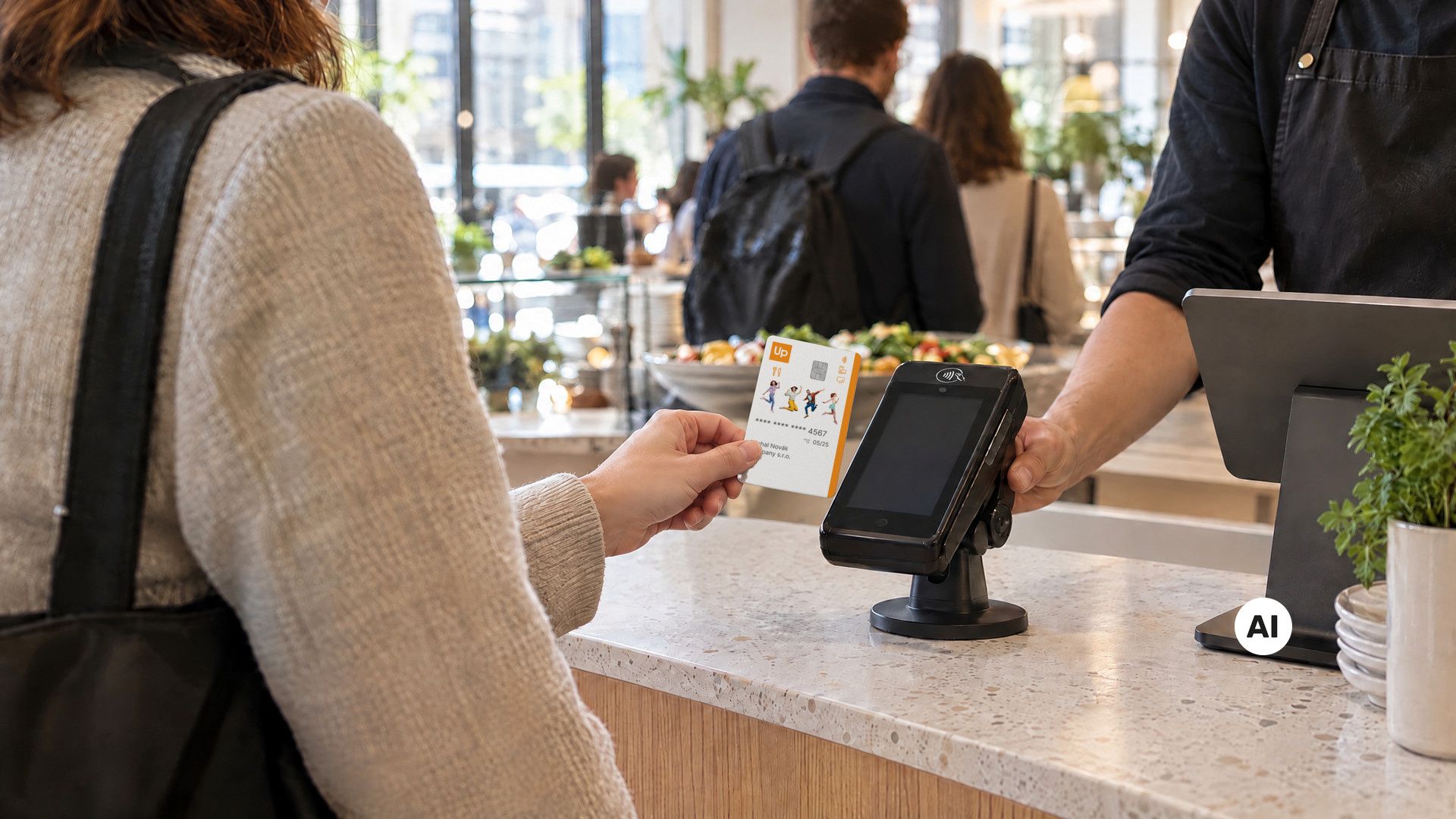 A customer taps an Up meal card on a payment terminal at a bright bistro counter during lunch. Image generated with AI.