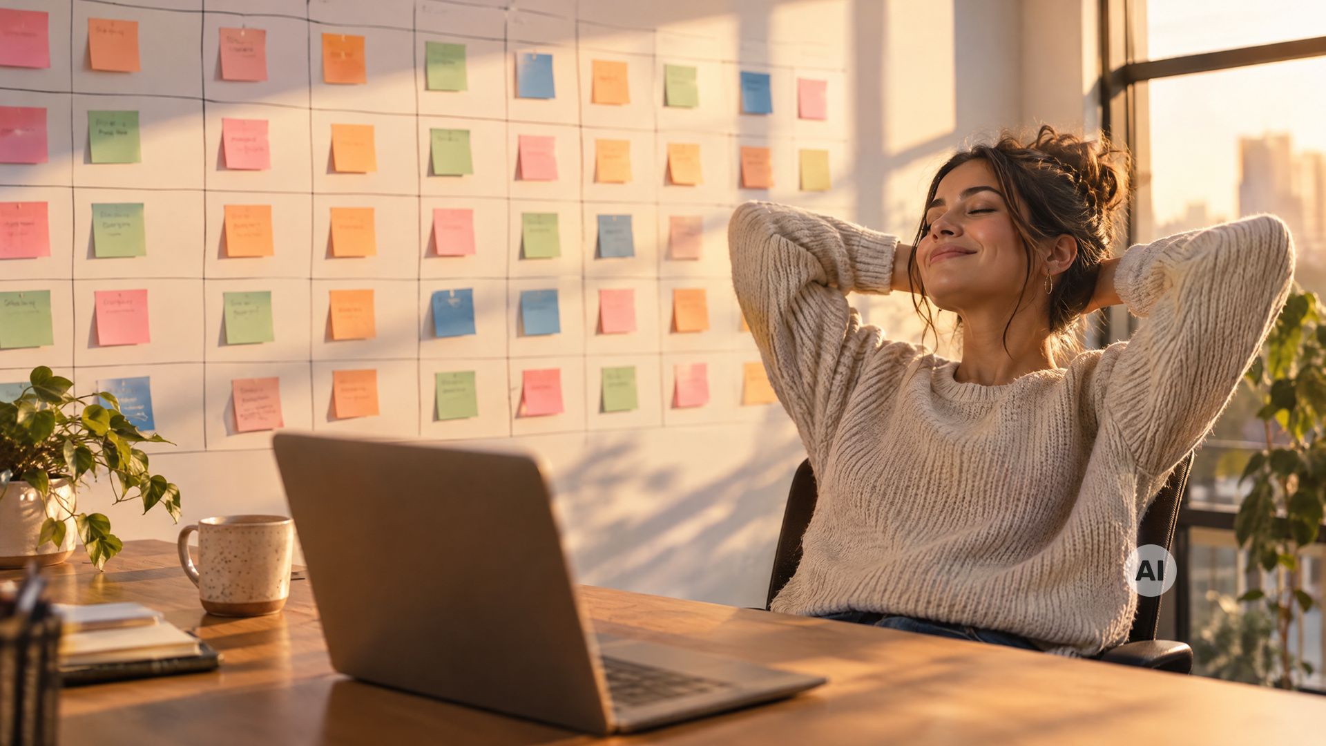 Woman leaning back with her hands behind her head in a sunlit office, in front of a wall calendar full of colourful sticky notes. Image generated with AI.