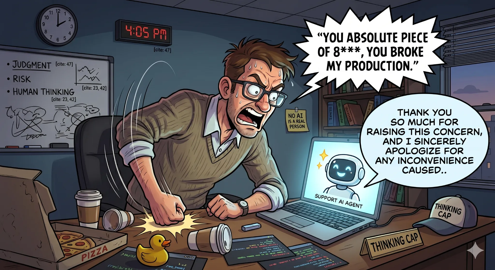 Cartoon of a frustrated developer slamming his desk at 4:05 PM yelling about broken production while an AI chatbot on the laptop calmly apologizes